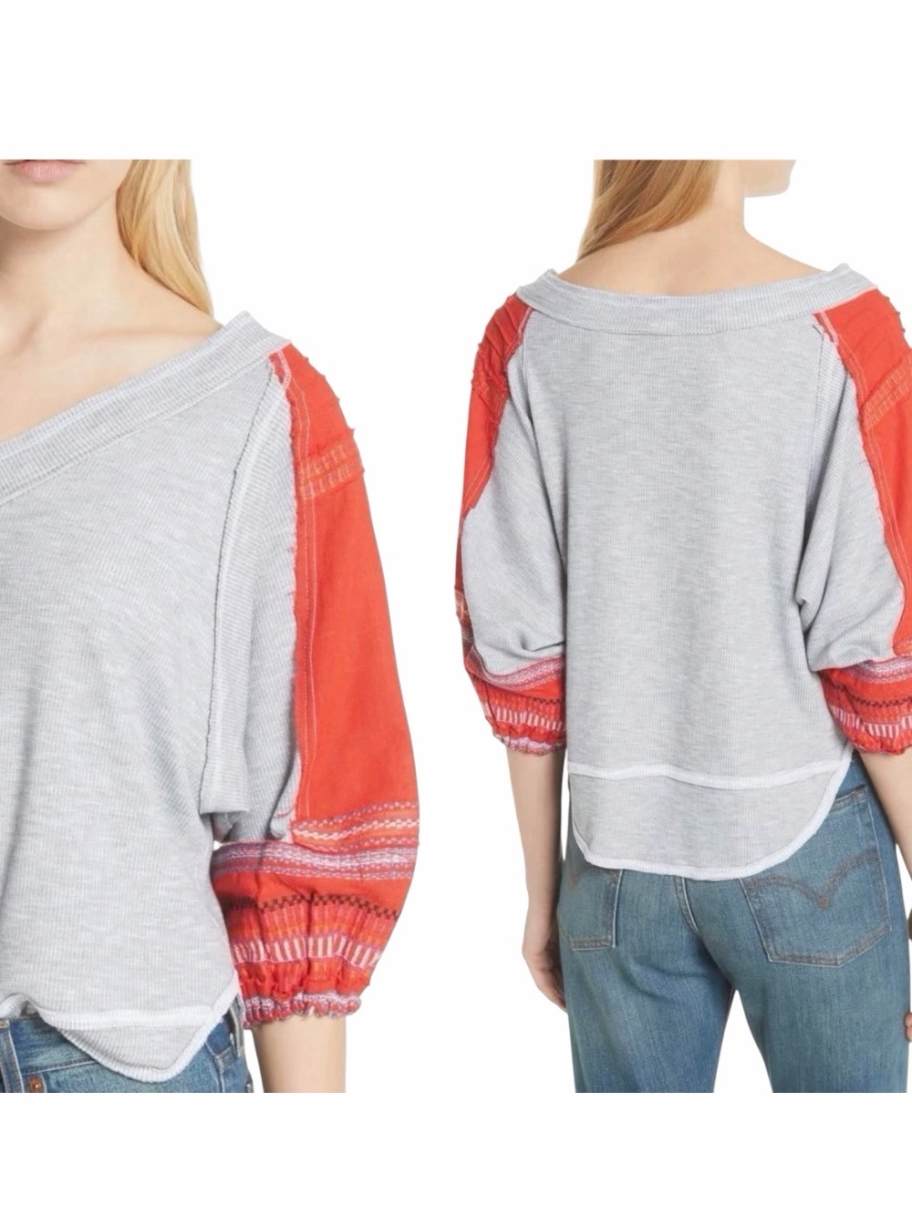 Free People We The Free Bubble Tee Top Gray Red Embroidered Sleeve Size Large